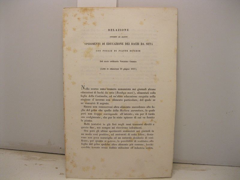 Relazione intorno ad alcuni sperimenti di educazione dei bachi da seta con foglie di piante diverse (letta in adunanza 20 giugno 1853)